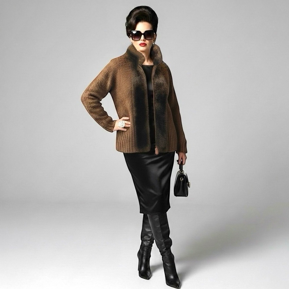VTG Y2K Donna Salyers Fabulous-Furs XL Cardigan Brown Faux Fur Zip Sweater 90s